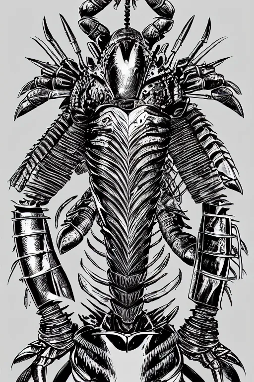 Image similar to human warrior, lobster themed armour, crab pinchers, symmetrical, highly detailed, digital art, needles, sharp focus, trending on art station, kentaro miura manga art style