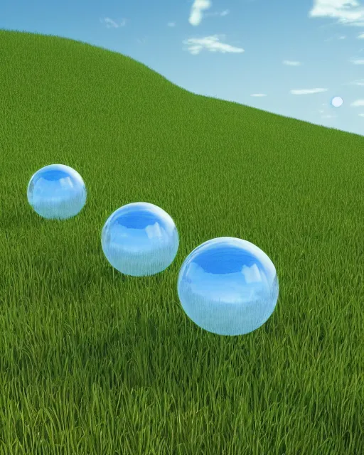 Prompt: glass orbs sit in a grassy scenic valley with blue skies, 1 9 8 0 s cgi