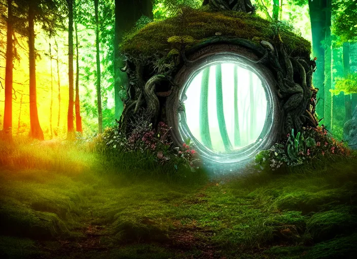 Image similar to photo of a portal to another magical world. Forest in the background. Fantasy magic style. Highly detailed 8k. Intricate. Nikon d850 55mm. Award winning photography.
