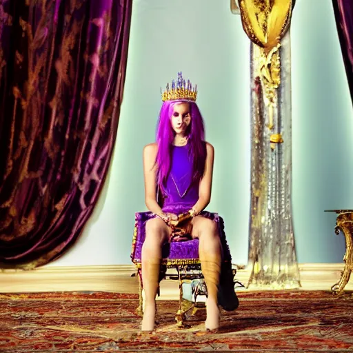 Prompt: A 4k photo of a skinny young woman with purple hair wearing a diamond crown, sitting in a throne in a dark room. Back light