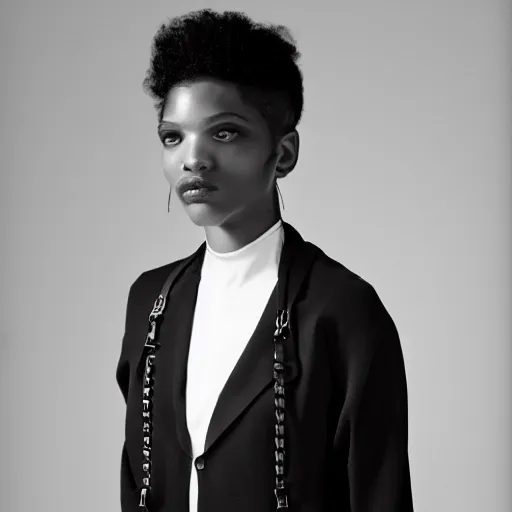 Image similar to realistic photoshooting for a new balenciaga lookbook color film photography portrait of a beautiful woman model wearing a black harness blazer, photo in style of tyler mitchell