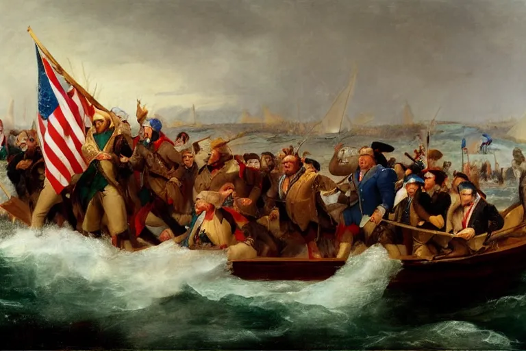 Image similar to Donald Trump crossing the delaware there is an arbys sign in the background by Emanuel Leutze