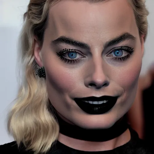 Prompt: face close-up of Margot Robbie wearing black lipstick