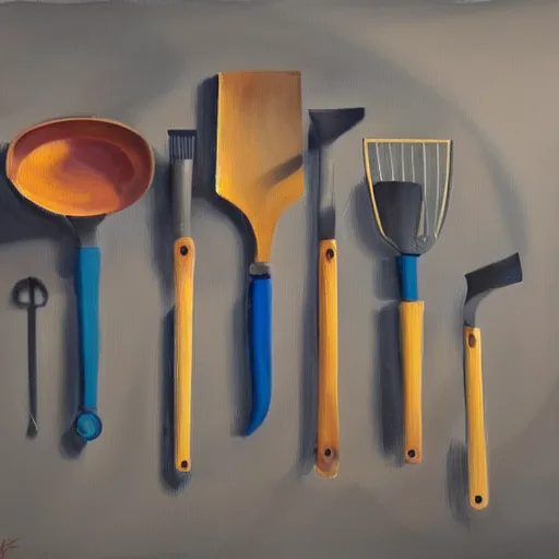 Image similar to painting of some kitchen tools by peter klasen, artstation