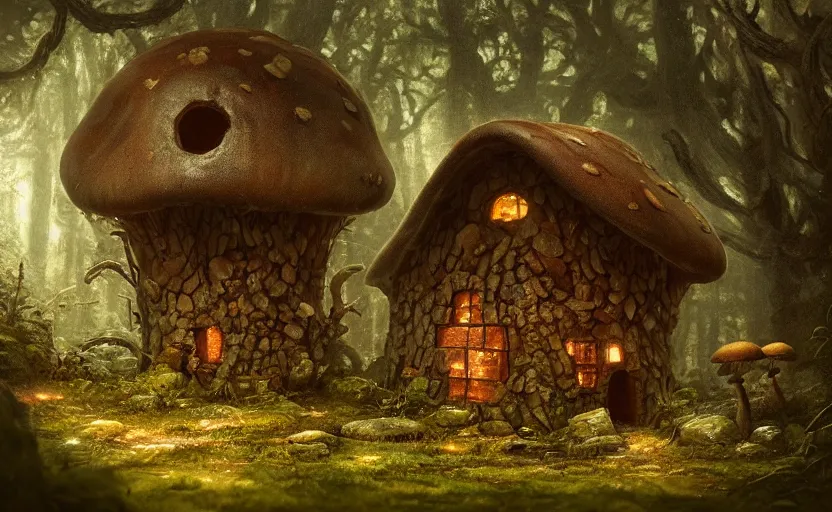 Image similar to A mushroom house!!!!, in a dark forest, small windows !!, macro, cool tones, underexposed, overecast, mysterious matte painting by greg rutkowski and marc simonetti and Ivan Shishkin, 4k