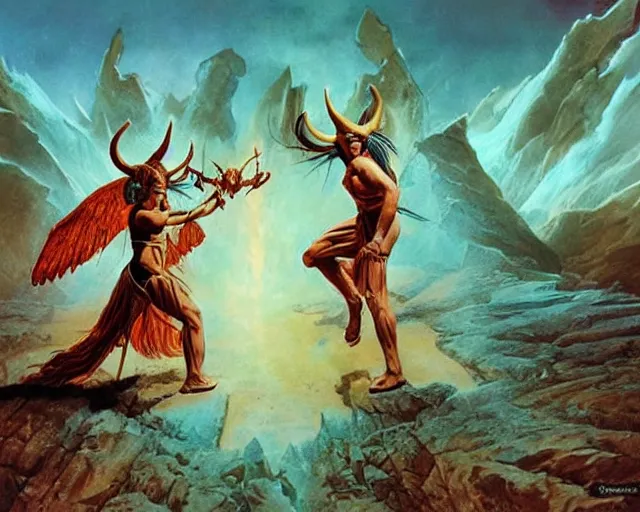 Prompt: horned - devil and female - angel fighting each other in mirrored pose, dramatic lighting, 8 k, high quality, hyper realistic, 3 5 mm photography, epic action fantasy masterpiece by michael whelan, robert t. mccall, chesley bonestell and james gurney, colorful highlights