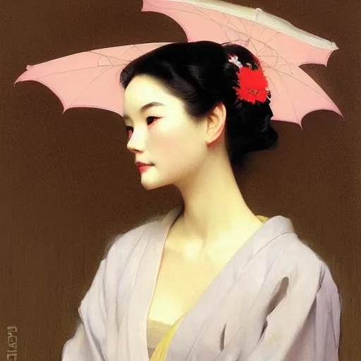 Image similar to yanjun cheng portrait of a beautiful geisha android by norman rockwell, bouguereau