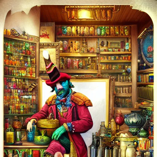 Image similar to Anthropomorphized parrot trader in his shop, shelves full, selling a gem, portrait, items, magic potions, weapons, arcana, carpet, window, fancy funny hat, sly expression , cunning expression, cute expression, presenting magic gem, D&D, fantasy, cinematic lighting, highly detailed, digital painting, artstation, concept art, smooth, sharp focus, illustration, warm light, cozy warm tint, magic the gathering artwork, volumetric lighting, 8k, no gold, no gold colours, art by Akihiko Yoshida, Greg Rutkowski