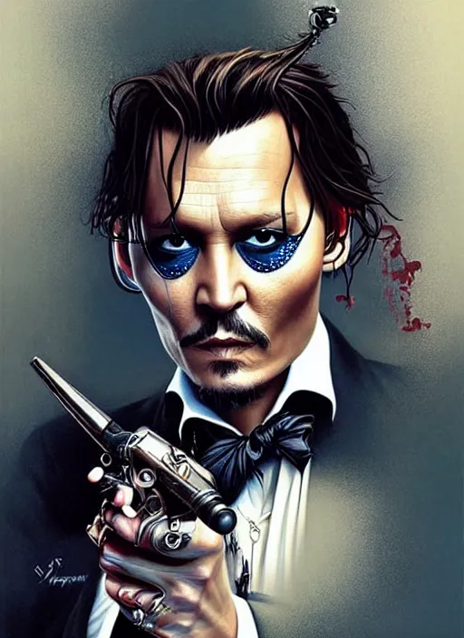 Image similar to johnny depp play james bond film by james jean, karol bak