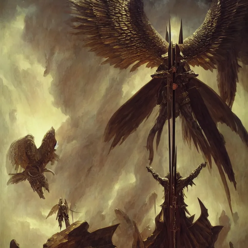 Image similar to painting of a powerful angel in medieval knights armory and white wings sitting on an enormous sword throne. cinematic lighting, atmospheric lighting, haunted, terrifying atmosphere by greg rutkowski, evelyn de morgan, bruce pennington.