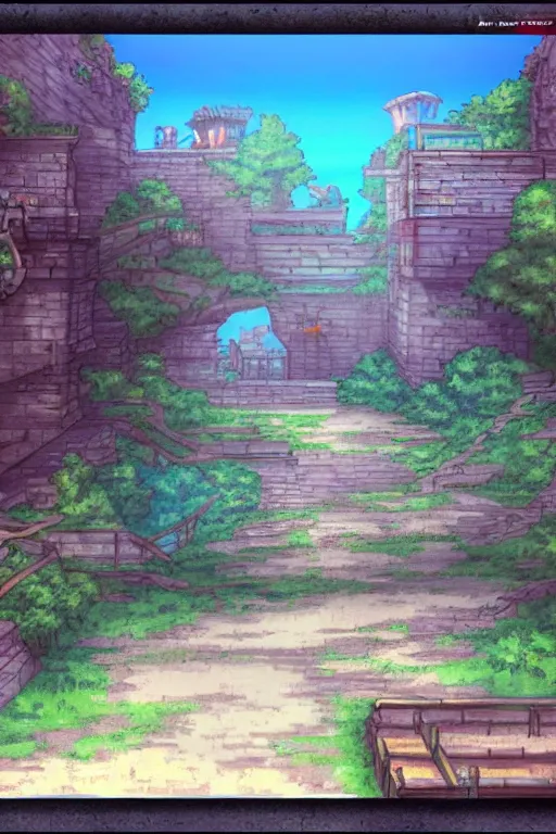 Prompt: “ a pre - rendered background from a 1 9 9 8 jrpg ”