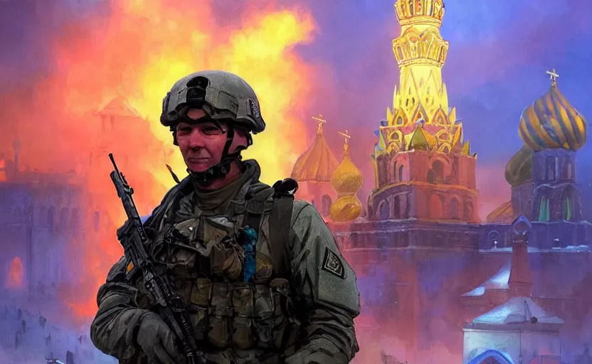 Prompt: special forces soldier with ukrainian blue and yellow shoulder patch enjoying red square kremlin burn in the background, d & d, fantasy, bright atmosphere, volumetric lights, intricate, elegant, extremely detailed, digital painting, artstation, concept art, matte, smooth, sharp focus, hyper realistic, illustration, art by artgerm and greg rutkowski and alphonse mucha