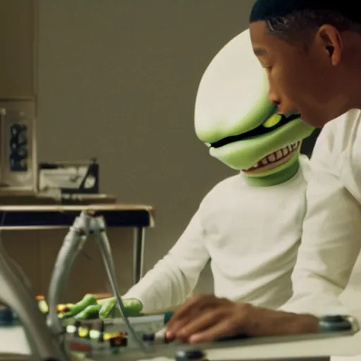 Image similar to cinematic film still of Pharrell Williams Making A Beat with an anthropomorphic alien, Japanese VFX, 2018, 400mm lens, f1.8, shallow depth of field,film photography