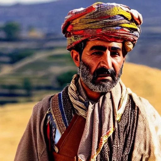 Image similar to Close up of a Kurdish shepherd wearing traditional Kurdish clothes in a movie directed by Christopher Nolan, movie still frame, promotional image, imax 70 mm footage