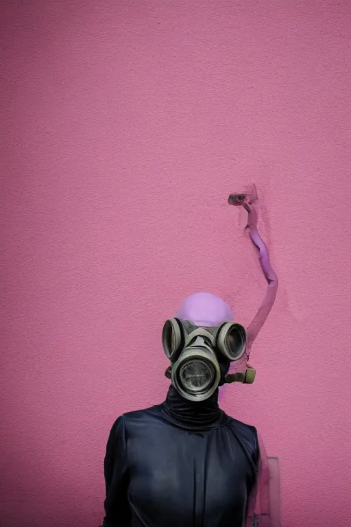 Image similar to a surreal portrait of intertwined and contorted figures wearing gas mask next to a pink wall in the style of brooke didonato, editorial fashion photography from vogue magazine, full shot, nikon d 8 1 0, ƒ / 2. 5, focal length : 8 5. 0 mm, exposure time : 1 / 8 0 0, iso : 2 0 0