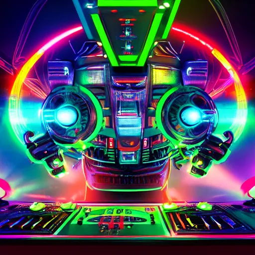 Image similar to album art, the band name is roborock, energetic trance music, band with 3 steampunk robots on a dj desk with a cd mixer, 8 k, flourescent colors, halluzinogenic, multicolored, exaggerated detailed, front shot, 3 d render, octane