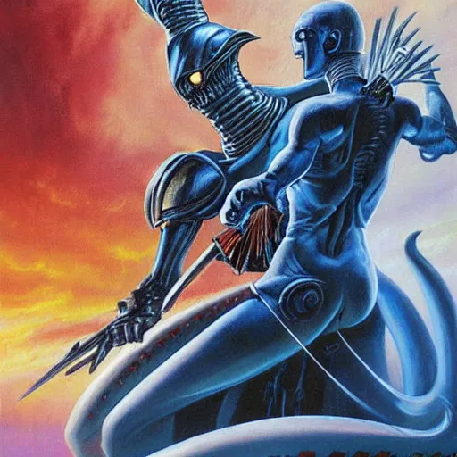 Image similar to a knight battling an alien king painting by boris vallejo & julie bell