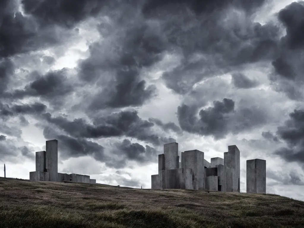 Image similar to photo of a brutalist cathedral built over a hill, in the middle of a storm. realistic clouds that resemble levitating large rocks. impressive, magical, very atmospheric, cinematic, deep, very high complexity, stunning, dramatic masterpiece, iridescent, chiaroscuro, romantic, very detailed. 4 k
