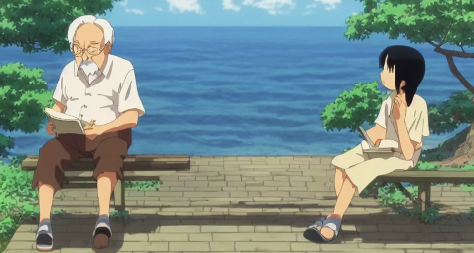 Prompt: screenshot from the anime film by studio ghibli, grandpa reading a book, serene, summer, from the anime film by makoto shinkai