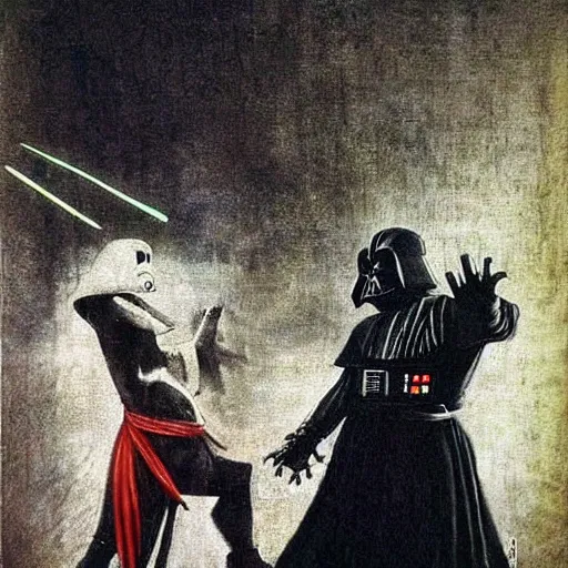 Image similar to morbius fighting darth vader. mexico city. by da vinci.