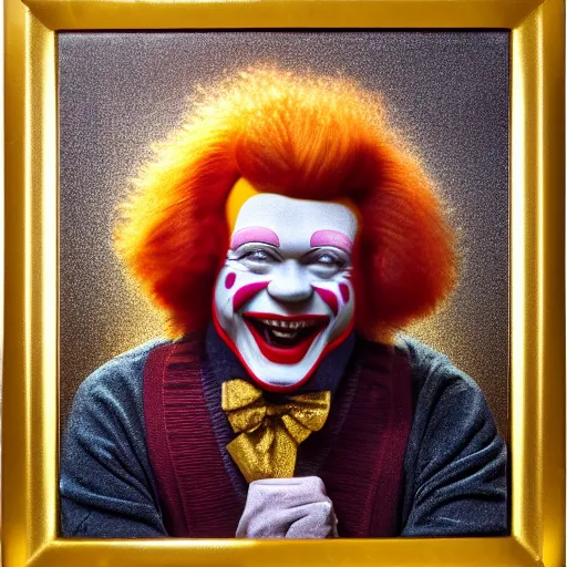 Image similar to extremely detailed studio portrait of ronald mcdonald surrended by gold, soft light, golden glow, 4 k