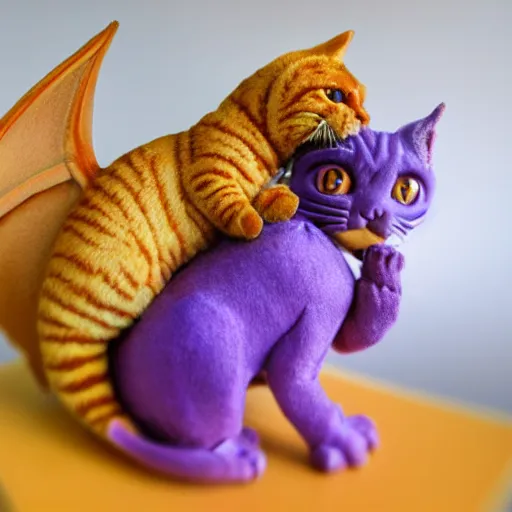 Image similar to tiny adorable purple fantasy dragon cuddles an orange tabby cat, realistic, orange tabby cuddles purple dragon, award - winning photography