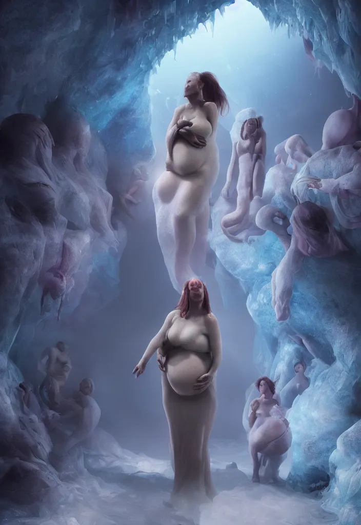 Image similar to epic pregnant woman talking to all her tribe with fluorescence bodies, proud people gather around the pregnant woman, ice cave, facinating, fantasy digital art, octane render, beautiful composition, trending on artstation, award - winning, masterpiece