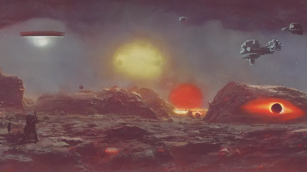 Image similar to eerie atmospheric alien planet with a small dropship pod landing by paul lehr and jack gaughan and john schoenherr, epic cinematic matte painting