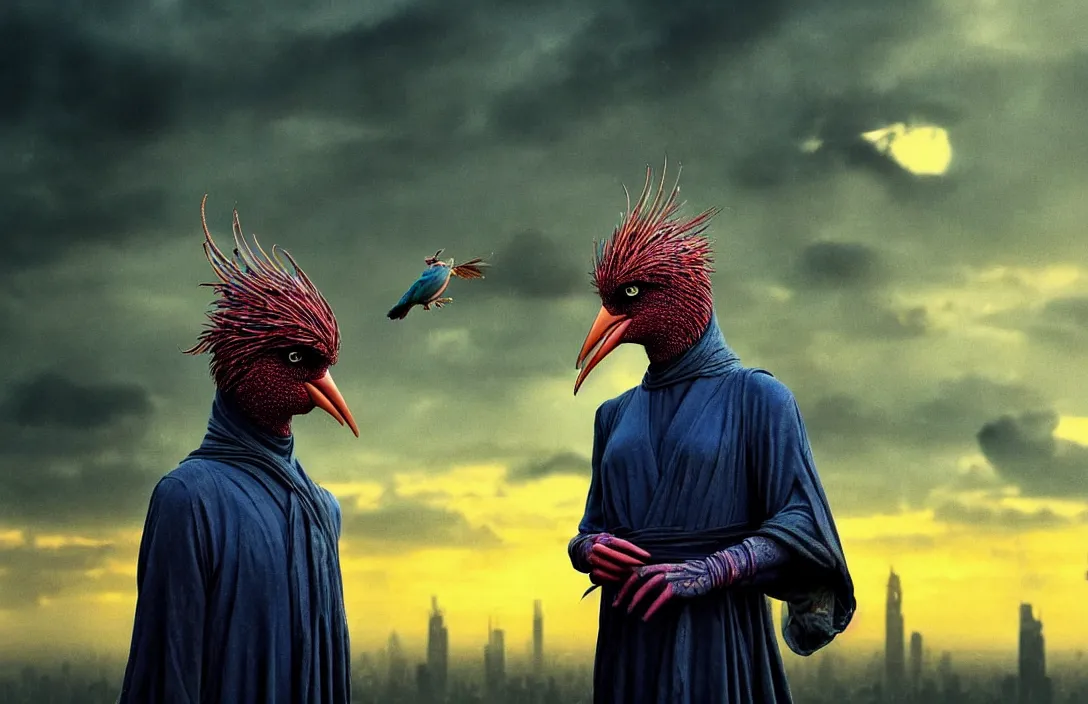 Image similar to realistic detailed portrait movie shot of a birdman in dark ragged robes, futuristic city sunset landscape background by denis villeneuve, amano, yves tanguy, alphonse mucha, ernst haeckel, max ernst, alejandro jodorowsky, masterpiece, rich moody colours, bird head, blue eyes, hyperdetailed