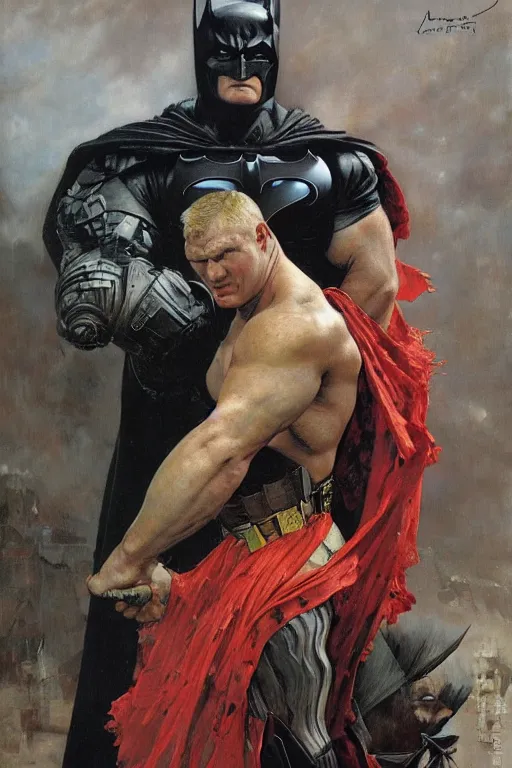 Image similar to upper body and head portrait of hulking brock lesnar as evil batman wearing cape and armour, painted by lawrence alma tadema, zdzislaw beksinski, norman rockwell, jack kirby, tom lovell, greg staples