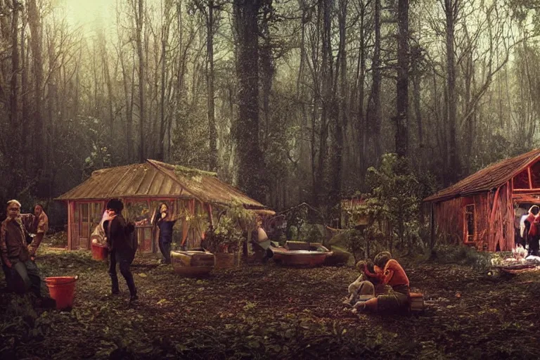 Prompt: movie scene portrait closeup, berry people building a strawberry house in the forest natural lighting by emmanuel lubezki