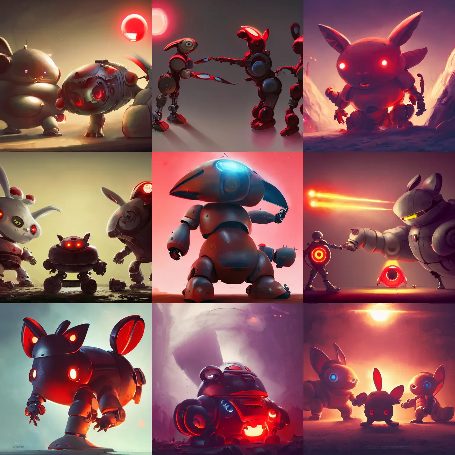 Prompt: sideview of cute chubby dangerous angry 3 years old robots kids in epic battle pose ruling the world with big glowing red rabbit eyes and big rabbit ears , big complex belly mechanism , studio light, wapor wave retro design by greg rutkowski