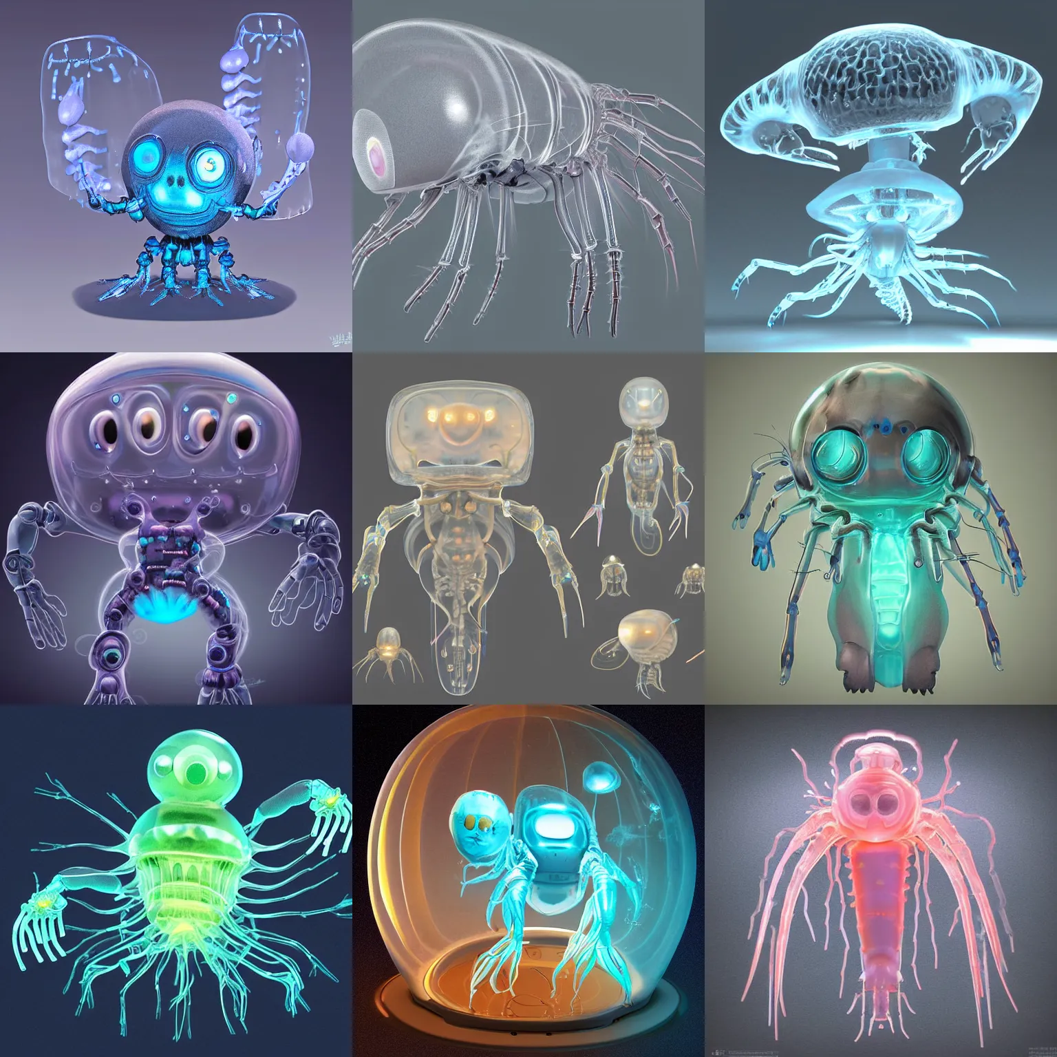 Prompt: cute! cute baby robot jelly fish, ghost shrimp, biomechanical xray, deepsea, irobot, glowing from inside, wrinkled, by Wayne Barlowe, Barreleye fish, translucent SSS, rimlight, dancing, fighting, bioluminescent screaming pictoplasma characterdesign toydesign toy monster creature, zbrush, octane, hardsurface modelling, artstation, cg society, by greg rutkowksi, by Eddie Mendoza, by Peter mohrbacher, by tooth wu, cyberpunk