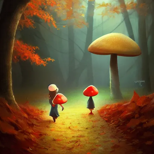 Image similar to collecting mushrooms ilustration a beautiful little girl smiling, walking calmly through an autumn forest, style by goro fujita, character art, sharp focus, highly detailed, artstation