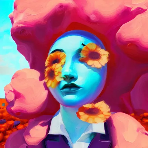 Image similar to closeup, giant rose flower face, frontal, girl in a suit, surreal photography, sunrise, blue sky, dramatic light, impressionist painting, digital painting, artstation, simon stalenhag