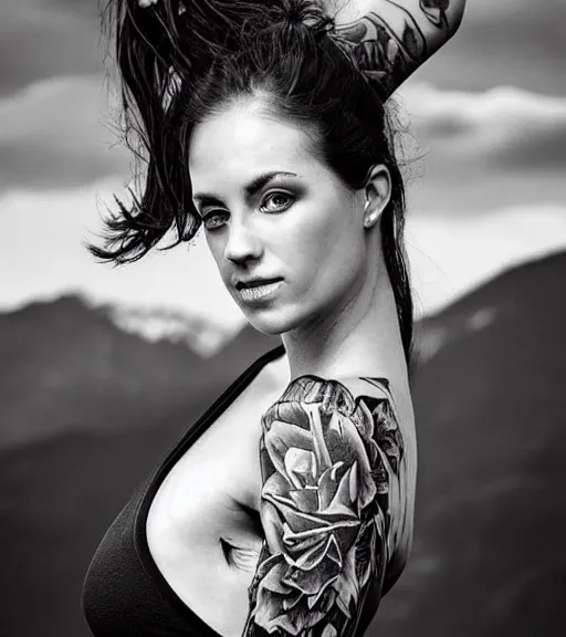 Image similar to hyper realistic tattoo design of a very beautiful woman against a background of beautiful mountains and nature, in the style of den yakovlev, amazing detail, black and white