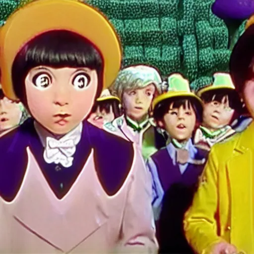 Image similar to a film still of Tooru from jojolion in willy wonka and the chocolate factory(1971)