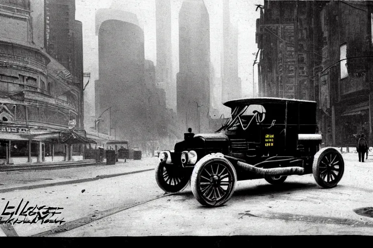 Prompt: cyberpunk 1 9 0 8 model ford t by paul lehr, metropolis, city, vintage film photo, scratched photo, scanned in, old photobook, silent movie, black and white photo
