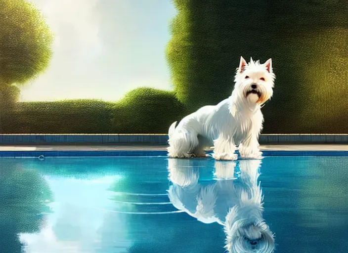 Image similar to west highland white terrier sitting by a pool, bright, reflections, intricate, sharp focus, lens flare, bloom, illustration, highly detailed, digital painting, concept art, matte, art by ruan jia and wlop and greg rutkowski, masterpiece