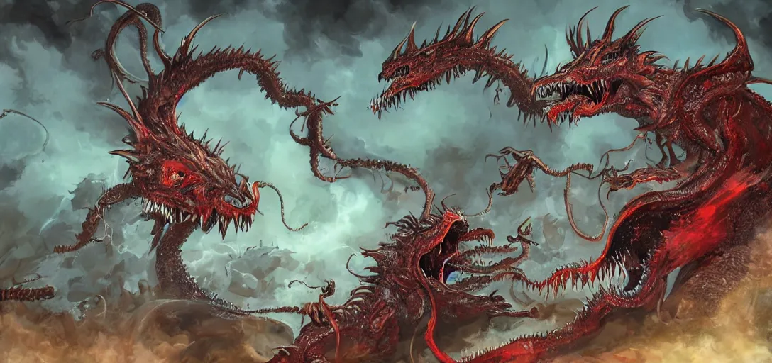 Image similar to concept art of dragon attack, lovecraftian, lots of teeth, melting horror, feathers, fighting the horrors of the unknown with laser guns