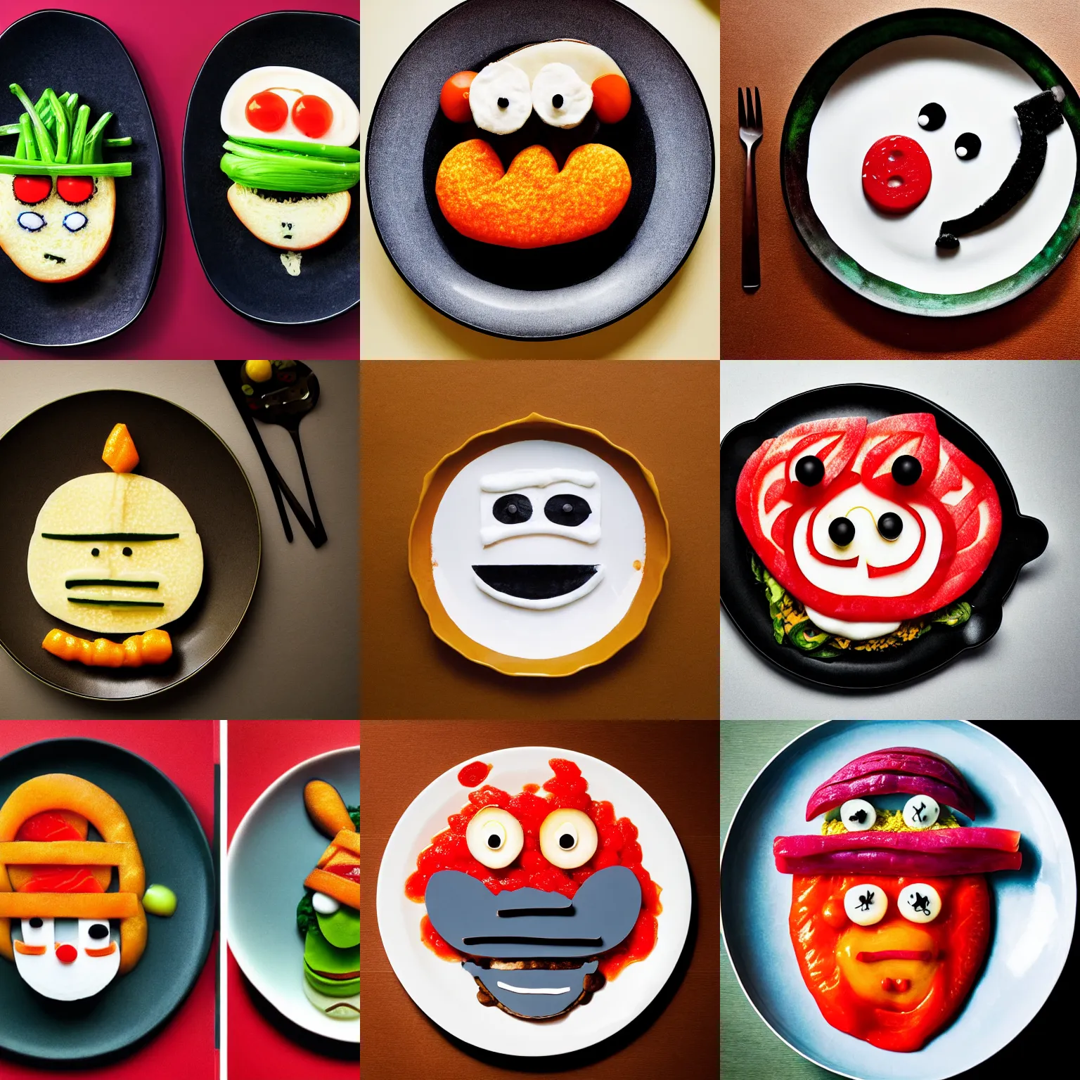 Prompt: photography of a dish with food resembling Bender face by Manami Sasaki, creative food, creative food for kids,