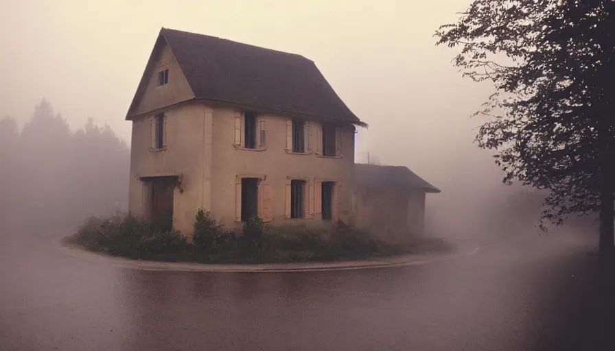 Image similar to 1 9 7 0 s movie still of a heavy burning french style little house in a small northern french village by night, rainy, foggy, cinestill 8 0 0 t 3 5 mm, heavy grain, high quality, high detail, dramatic light, anamorphic, flares