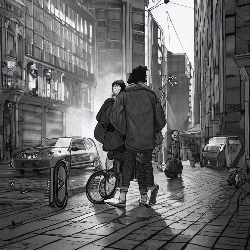 Image similar to berlin bumlife with my two friends v and v, in the style of james jean, artstation trending, 8 k, 3 d render, photorealistic, volumetric lighting caustics, black and white