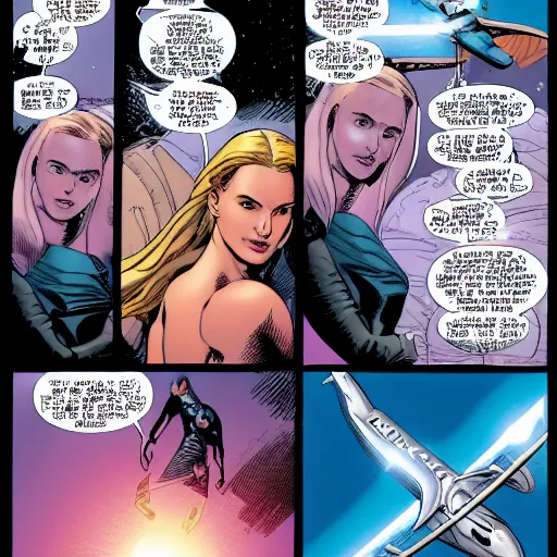 Prompt: Natalie Portman is female Thor, flying through the sky, graphic novel