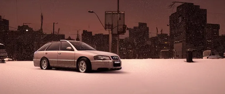 Image similar to Audi A4 B6 Avant (2002), a gritty neo-noir, dramatic lighting, cinematic, eerie person, death, homicide, homicide in the snow, viscera splattered, gunshots, bullet holes, establishing shot, extremely high detail, cracked windows, photorealistic, arson, cinematic lighting, artstation, by simon stalenhag, Max Payne (PC) (2001) winter New York at night, In the style of Max Payne 1 graphic novel, flashing lights, Poets of the Fall - Late Goodbye