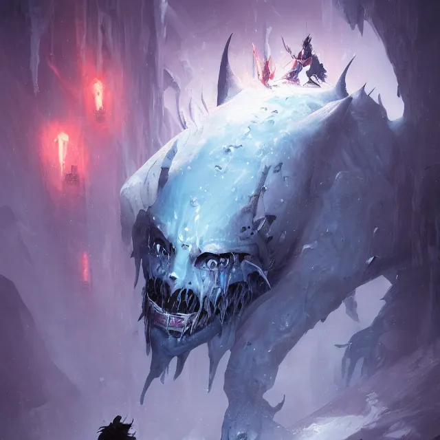 Image similar to a painting of an ice demon by greg rutkowski, dark fantasy art, high detail, trending on artstation