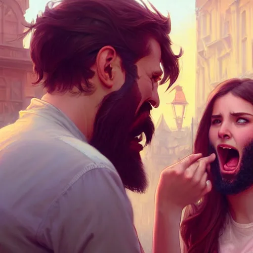 Image similar to bearded man is yelling at a teenage girl, highly detailed, professional digital painting, unreal engine 5, photorealism, hd quality, 8 k resolution, cinema 4 d, 3 d, cinematic, art by artgerm and greg rutkowski and alphonse mucha and loish and wlop