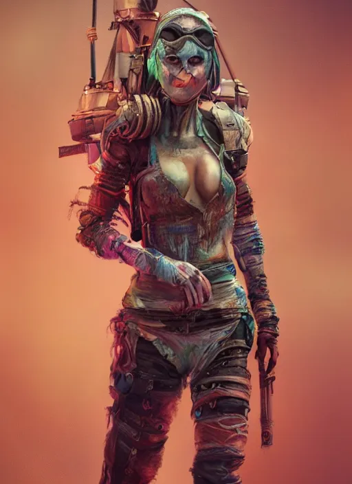 Prompt: full body concept art illustration pastel painting of a female mad max in full intricate colorful clothing, beautiful face, ultra detailed, octane render, 4K, dystopian, micro details