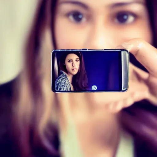 Prompt: a woman is taking a selfie in a mirror, a picture by bouchta el hayani, pexels contest winner, tachisme, hd, shiny eyes, dark