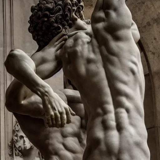 Prompt: Michelangelo sculpting David, 1504, cinematic, highly realistic, 4k, dramatic, monumental, atmospheric